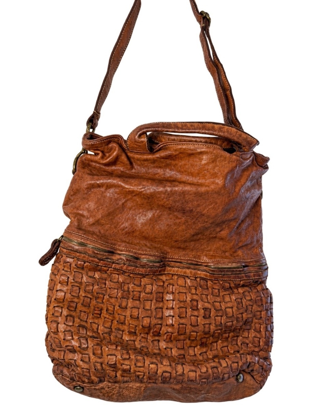 Langellotti Woven Leather Shoulder Bag Italy Brown Tote Crossbody